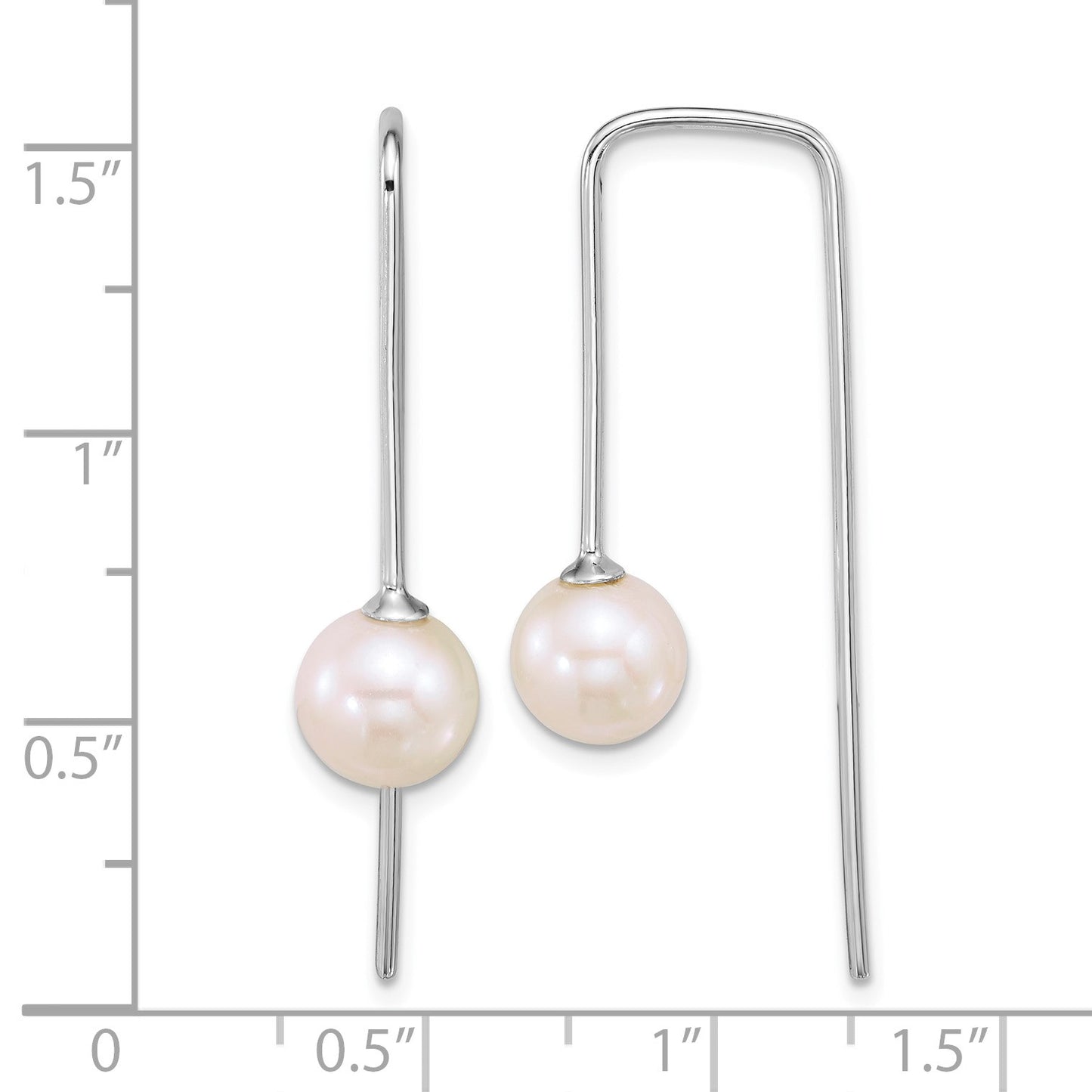 Sterling Silver Rhodium-plated 7-8mm Round White Freshwater Cultured Pearl Squared Threader Earrings