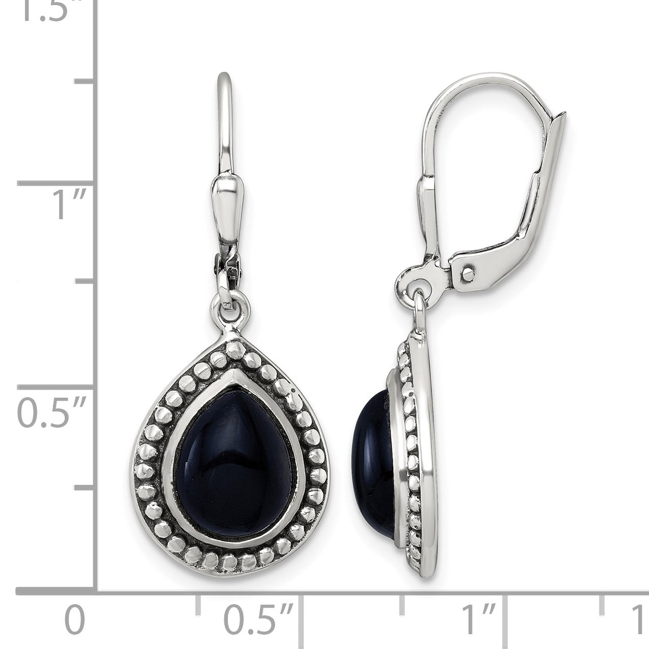 Sterling Silver Antiqued Onyx Teardrop Cabochon Leverback Dangle Earrings
