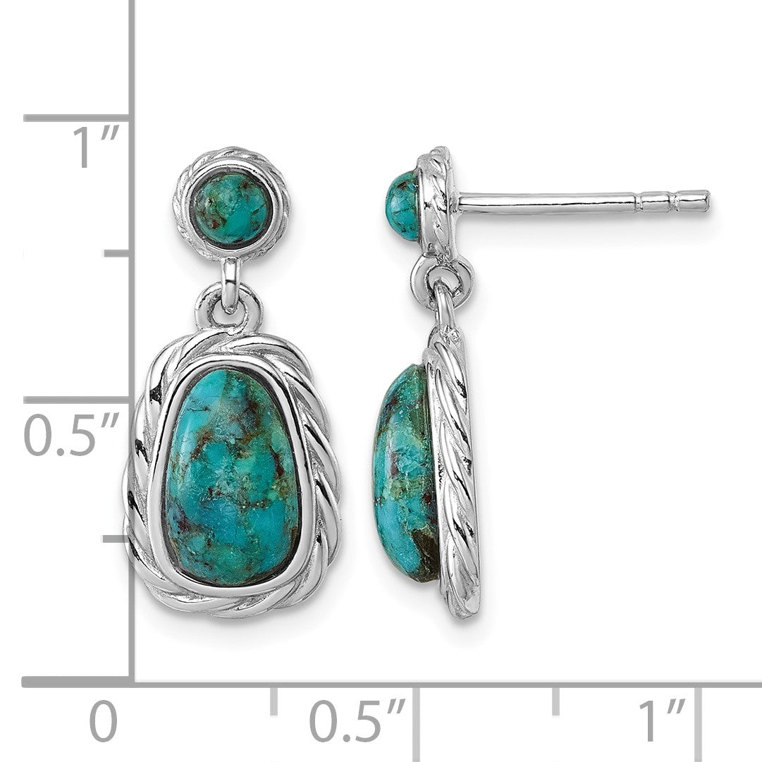 Sterling Silver Rhodium-plated Polished Twisted Edge Compressed Turquoise Cabochon Dangle Post Earrings