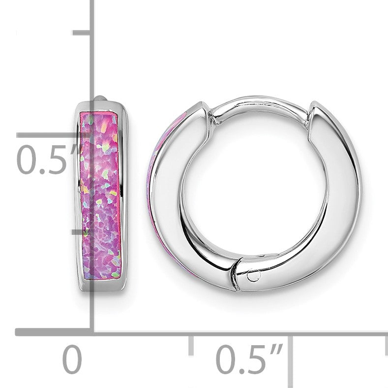 Sterling Silver Rhodium-plated Polished 3.25mm x 12mm Pink Lab Created Opal Hinged Hoop Earrings