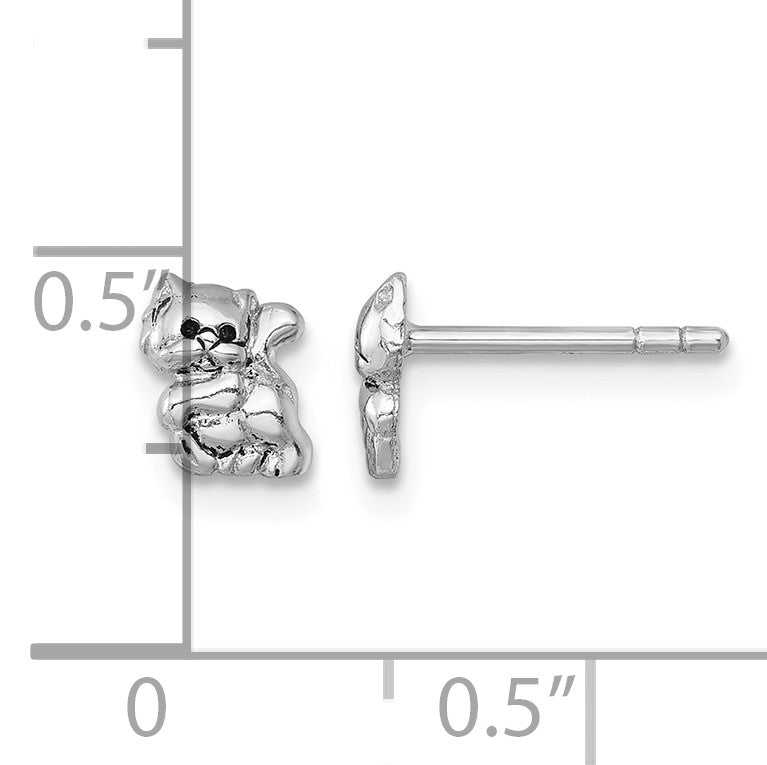 Sterling Silver Rhodium-plated Polished Enameled Cat Kitten Post Earrings
