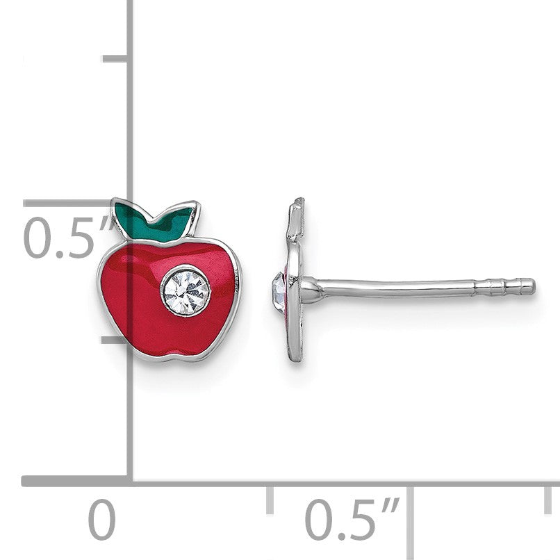 Sterling Silver Madi K Rhodium-plated Enameled Red Apple with Crystal Childrens Post Earrings