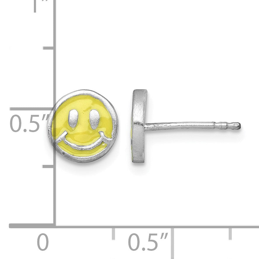 Sterling Silver Madi K Rhodium-plated Enameled Yellow Smiley Face Childrens Post Earrings