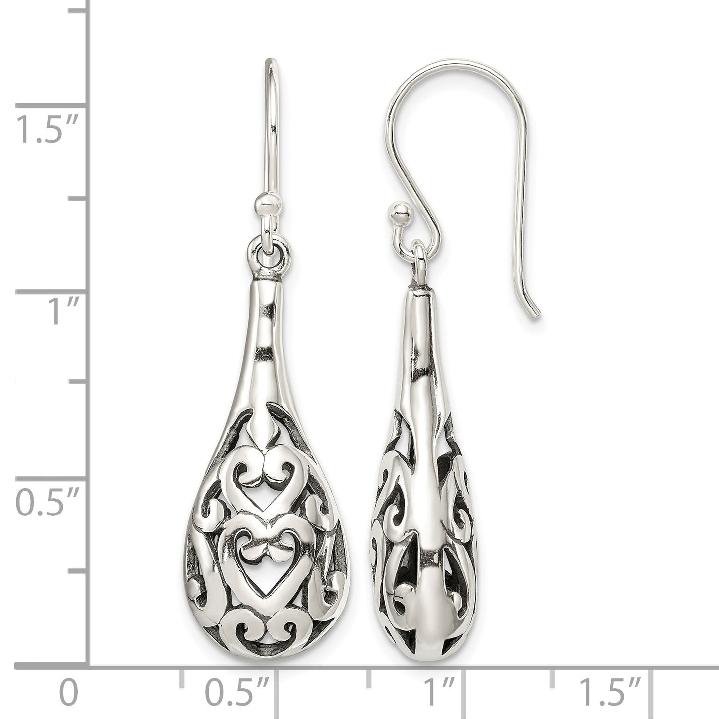 Sterling Silver Polished & Antiqued Filigree Heart Teardrop Dangle Earrings