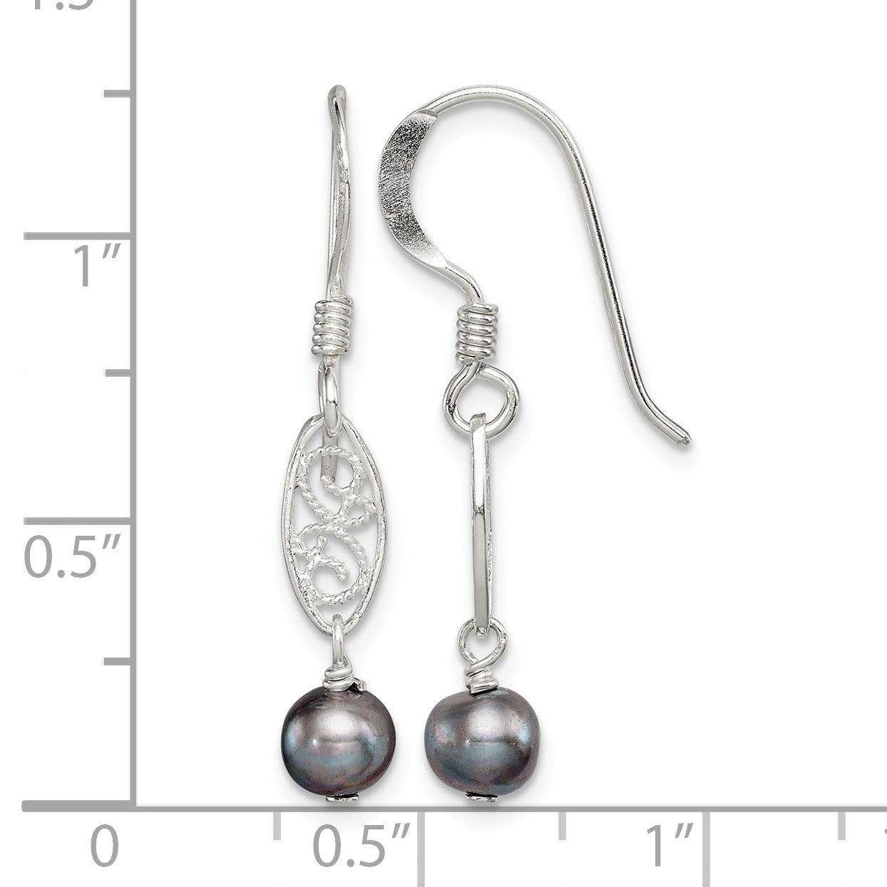 Sterling Silver Polished Filigree 5-6mm Grey Freshwater Cultured Pearl Dangle Earrings