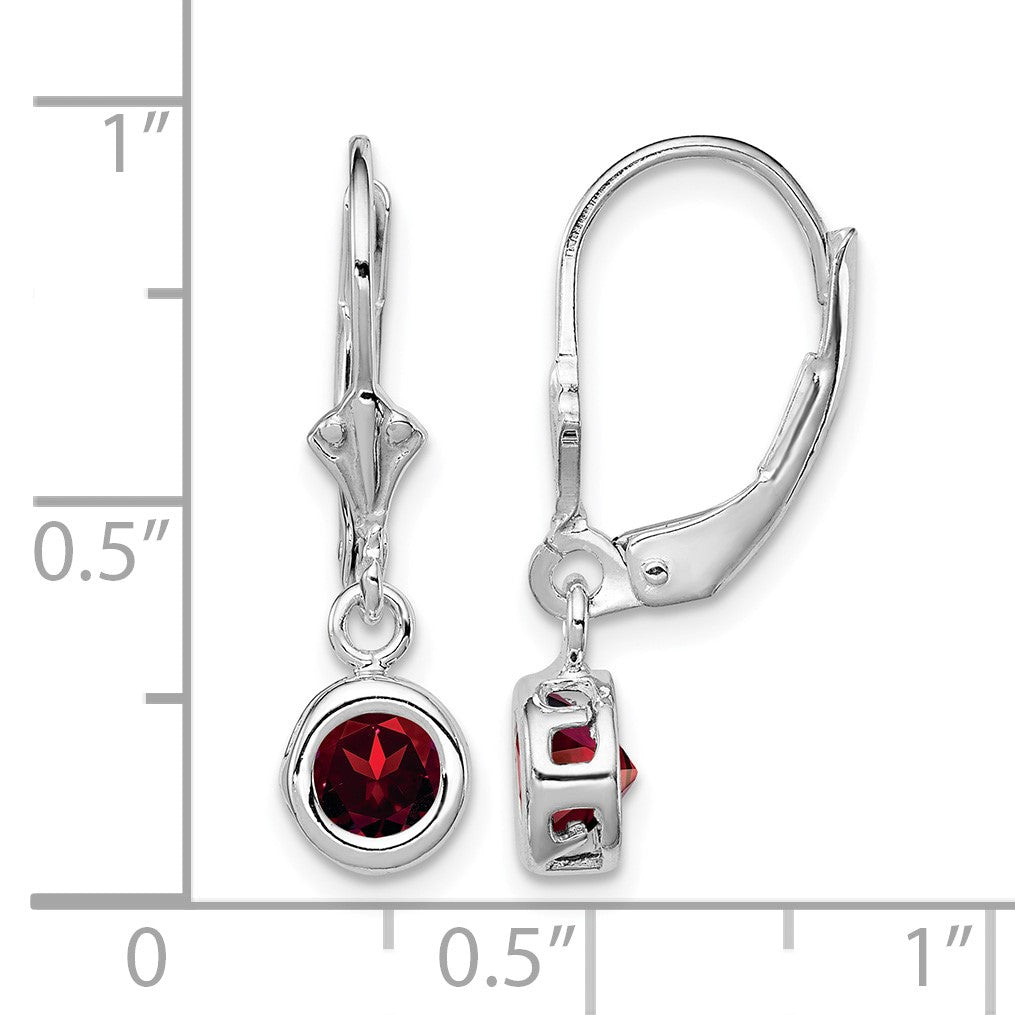 Sterling Silver Rhodium Plated 5mm Round Garnet Leverback Earrings