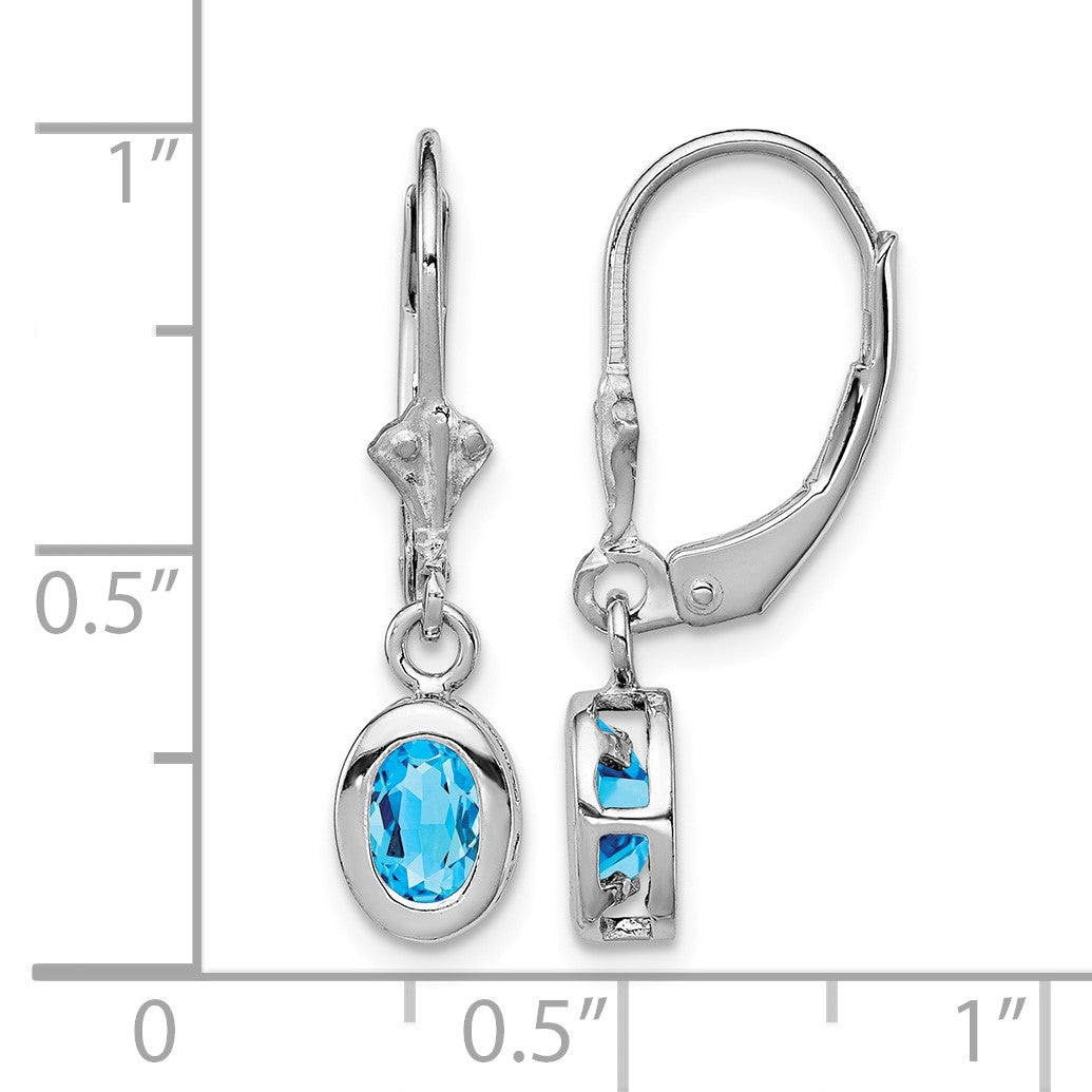 Sterling Silver Rhodium Plated 6x4mm Oval Blue Topaz Leverback Earrings