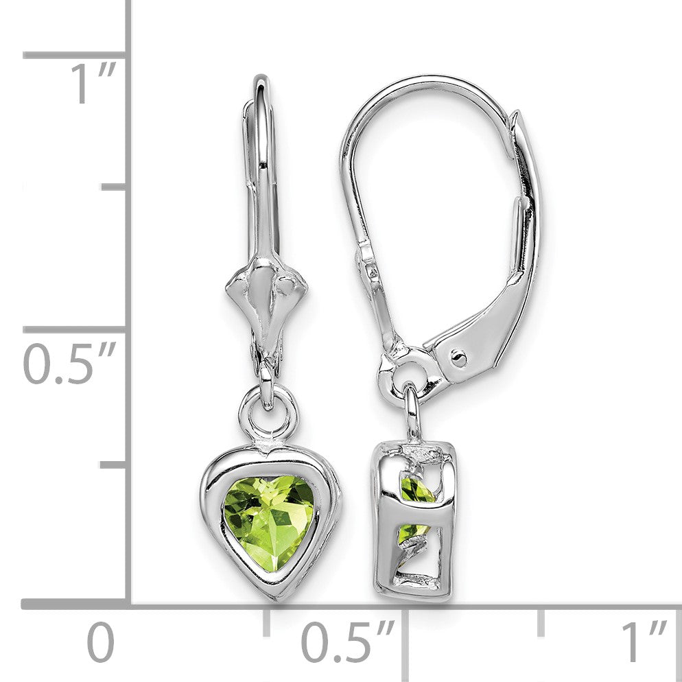 Sterling Silver Rhodium Plated 5mm Heart Peridot Leverback Earrings