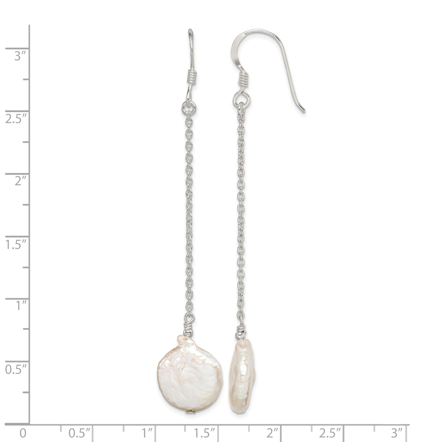 Sterling Silver Polished White 12-13mm Coin Freshwater Cultured Pearl Dangle Earrings