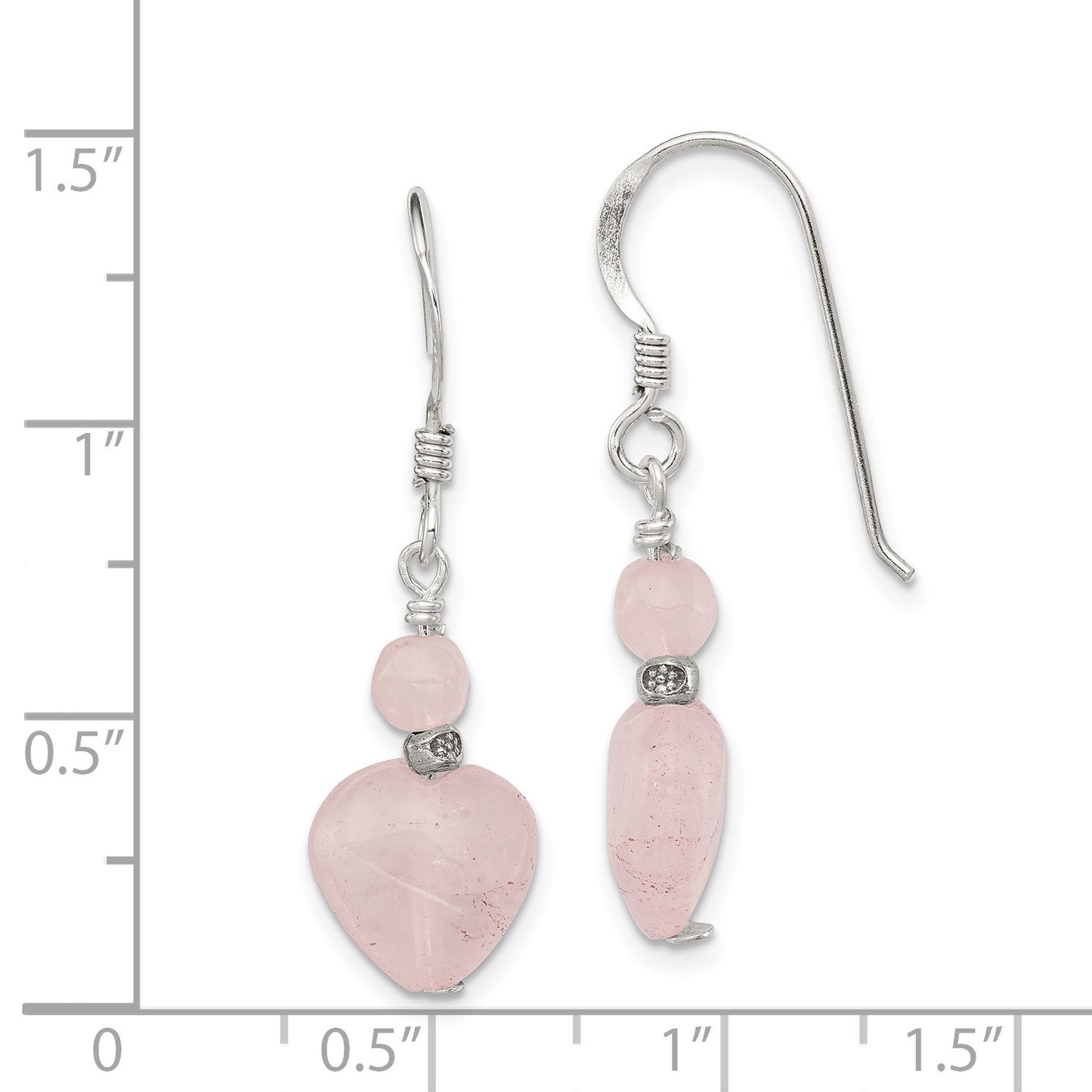 Sterling Silver Polished & Antiqued Rose Quartz Heart Dangle Earrings