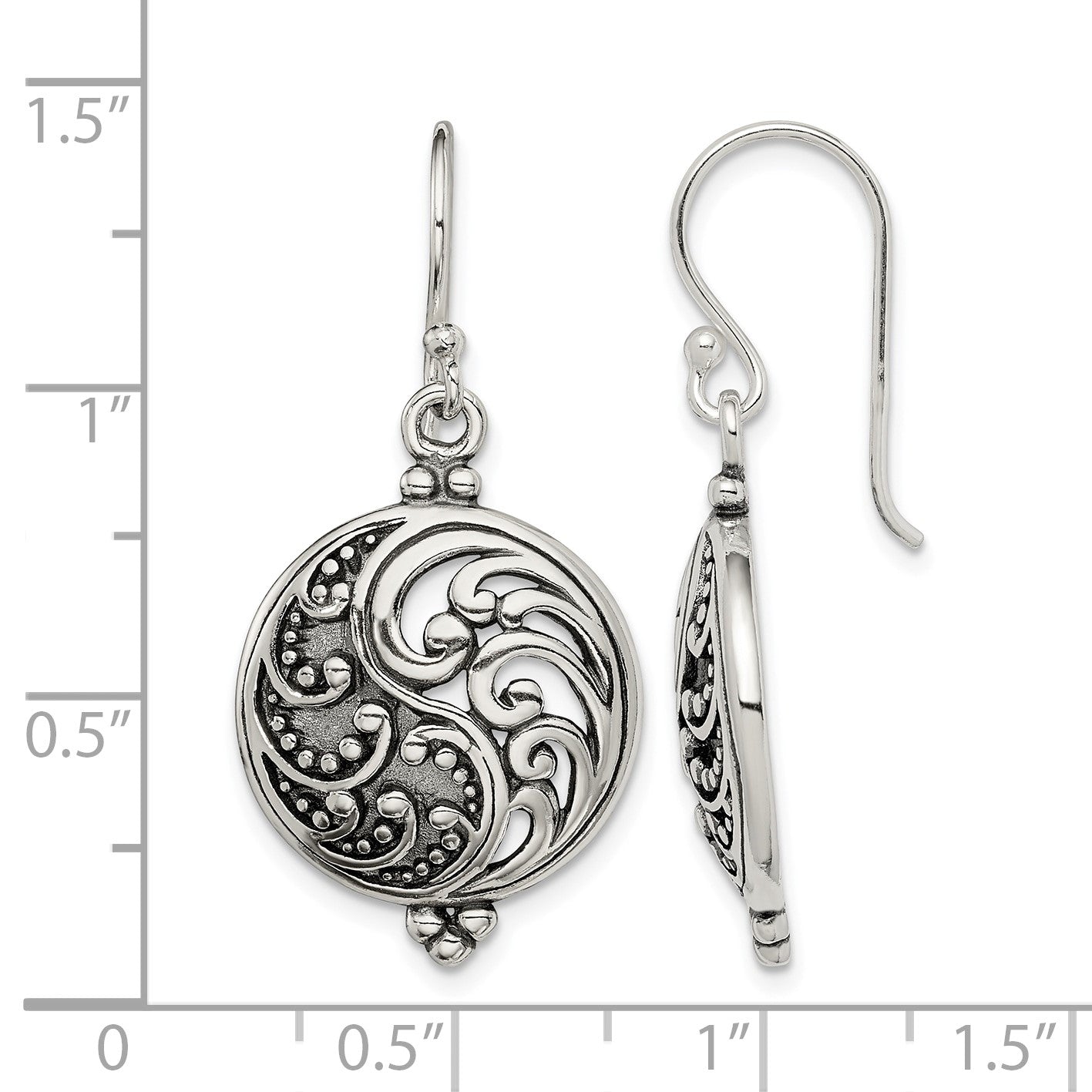 Sterling Silver Polished & Antiqued Filigree Yin and Yang Dangle Earrings