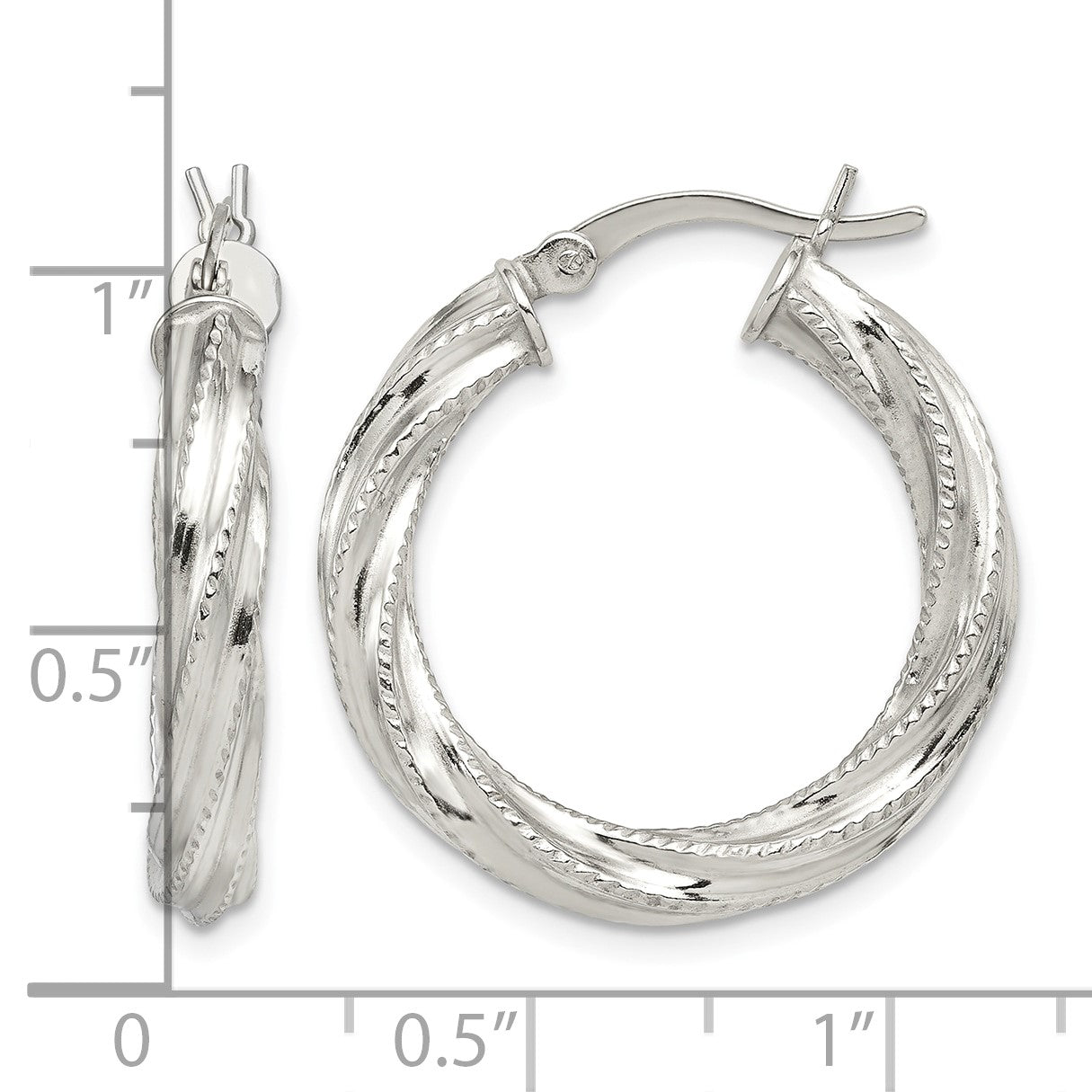 Sterling Silver Rhod-plated Patterned Twisted 4x25mm Hoop Earrings