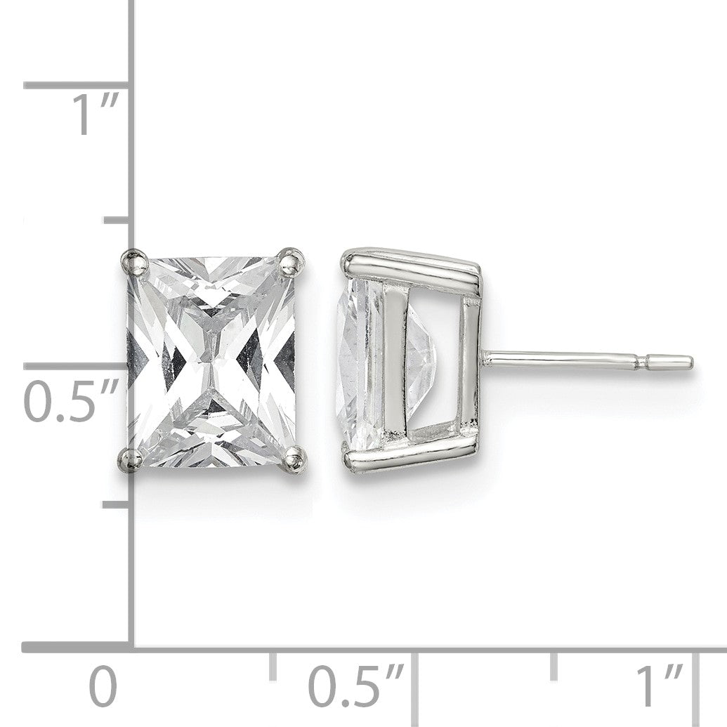Sterling Silver Polished Emerald-cut 10x8mm Basket Set CZ Stud Earrings