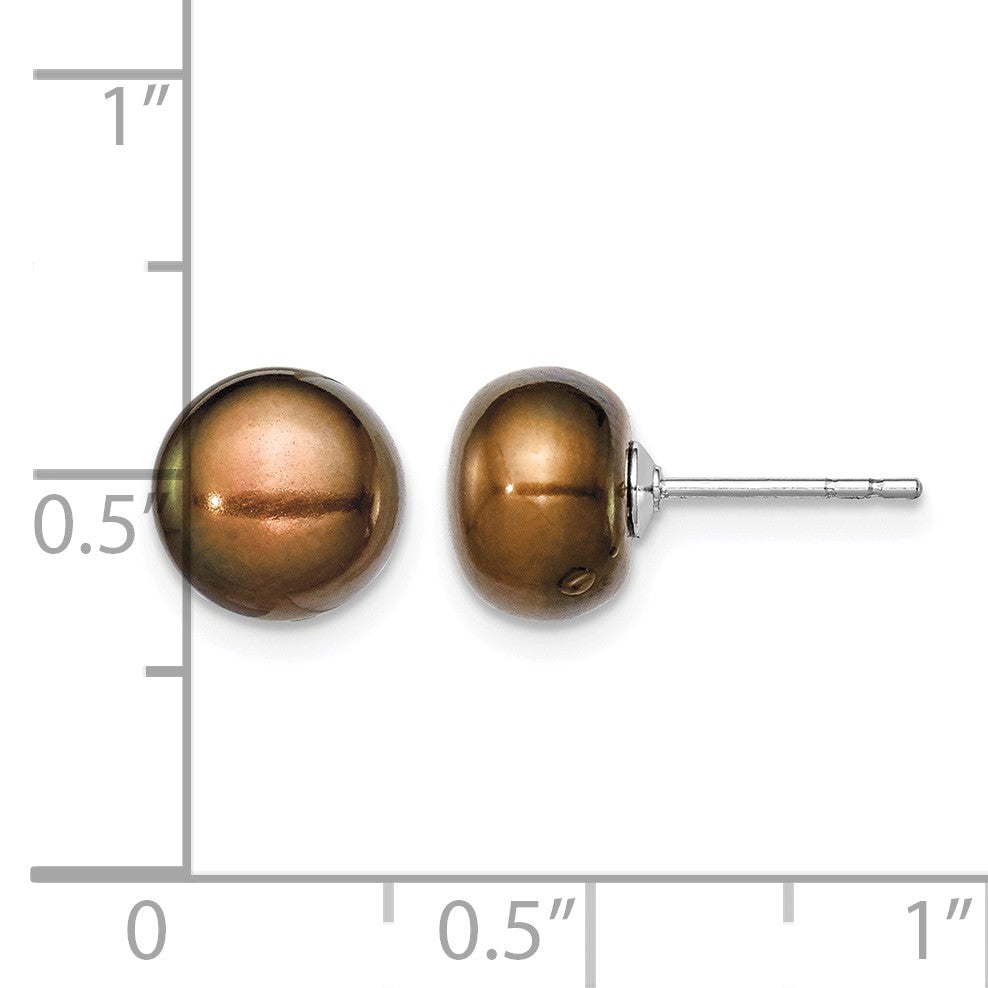 Sterling Silver Rhodium-plated 8-9mm Brown Button Freshwater Cultured Pearl Post Earring