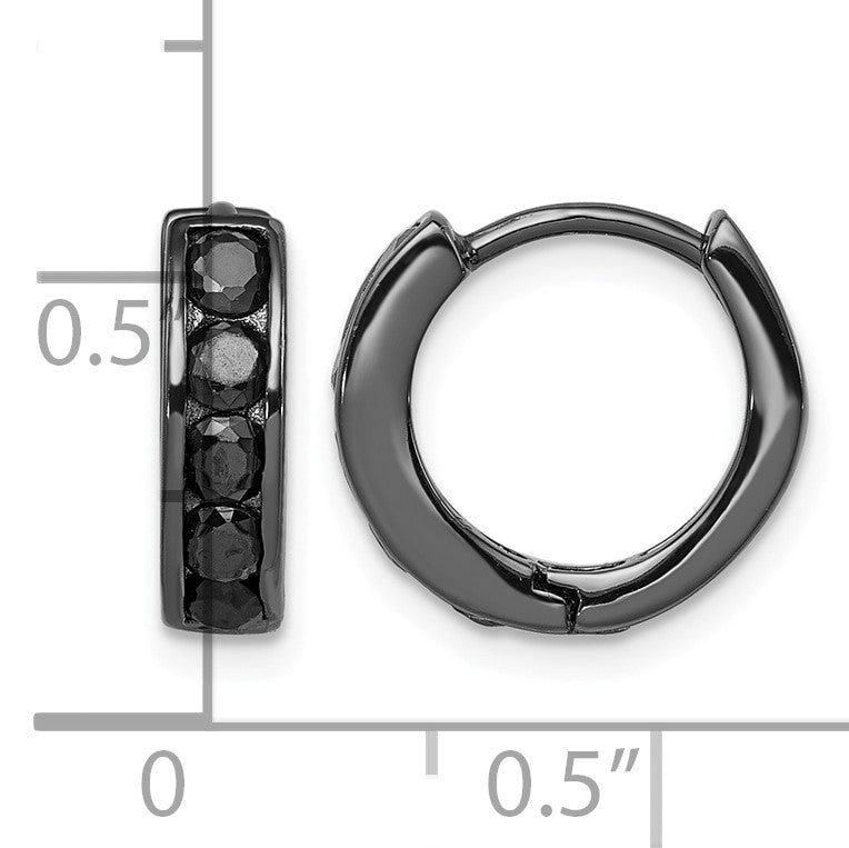 Sterling Silver Black RH-plated Black CZ Hinged 4mm Round Hoop Earrings