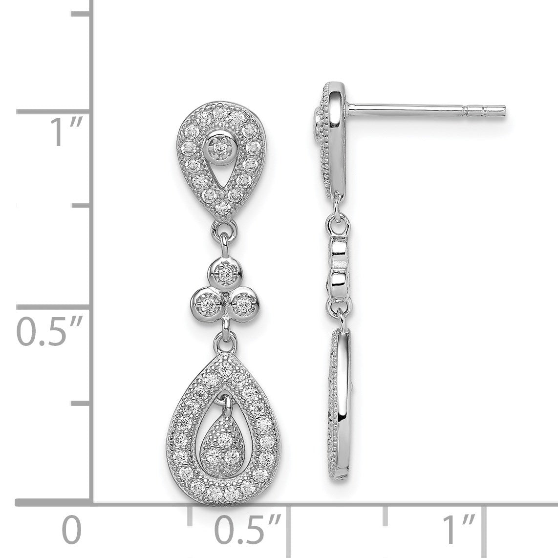 Sterling Silver Rhodium-plated CZ Pav� Pear Dangle Post Earrings