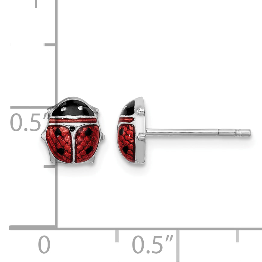 Sterling Silver Rhodium Polished Enameled Lady Bug Post Earrings