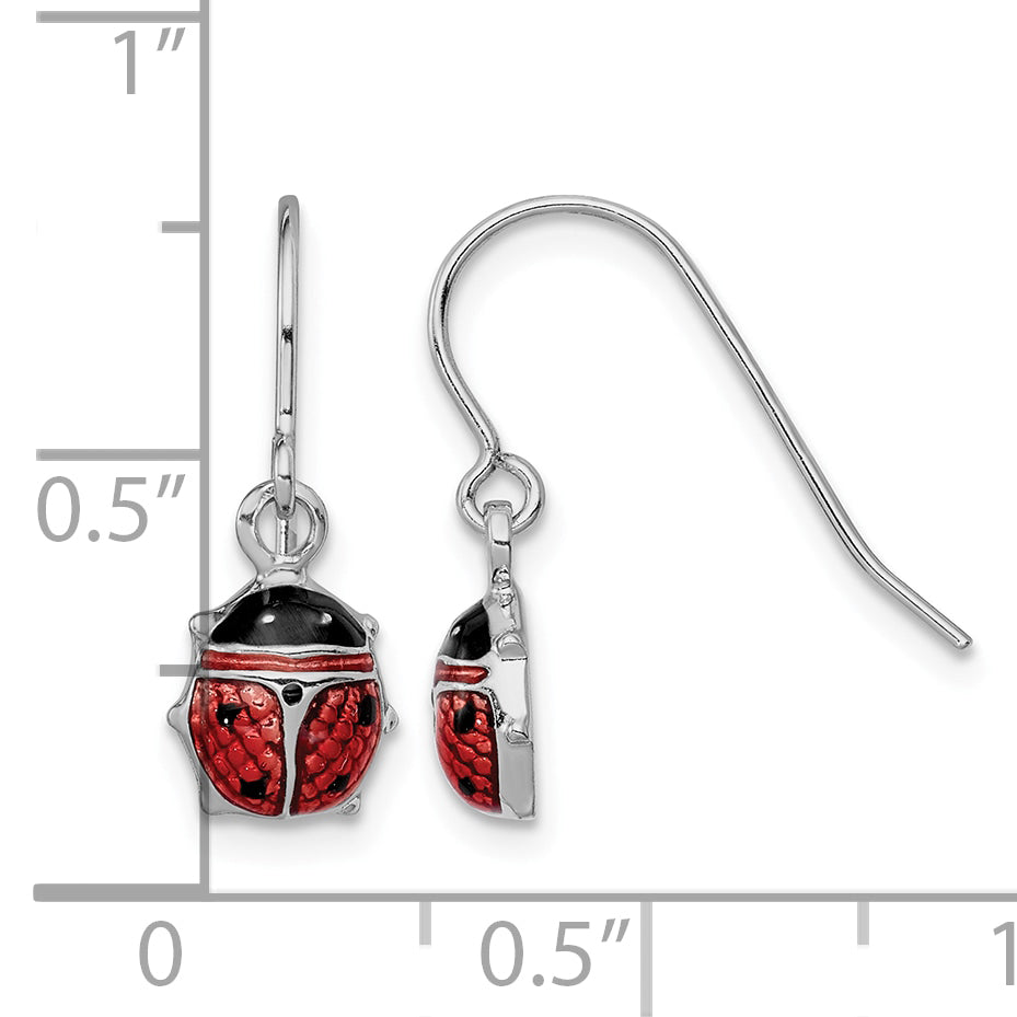 Sterling Silver Rhodium Enameled Ladybug Dangle Earrings