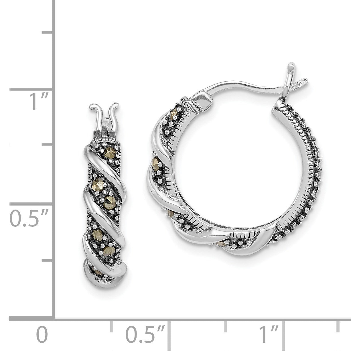 Sterling Silver Rhodium-plated Antiqued Swirl Hoop Marcasite Earrings