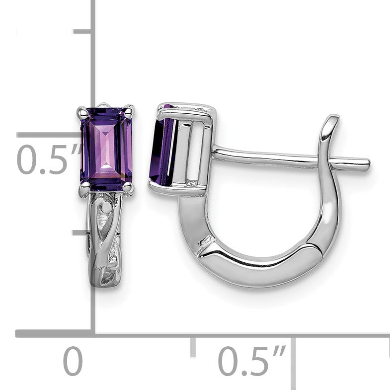 Sterling Silver Rhodium Plated Amethyst Hinged Hoop Earrings
