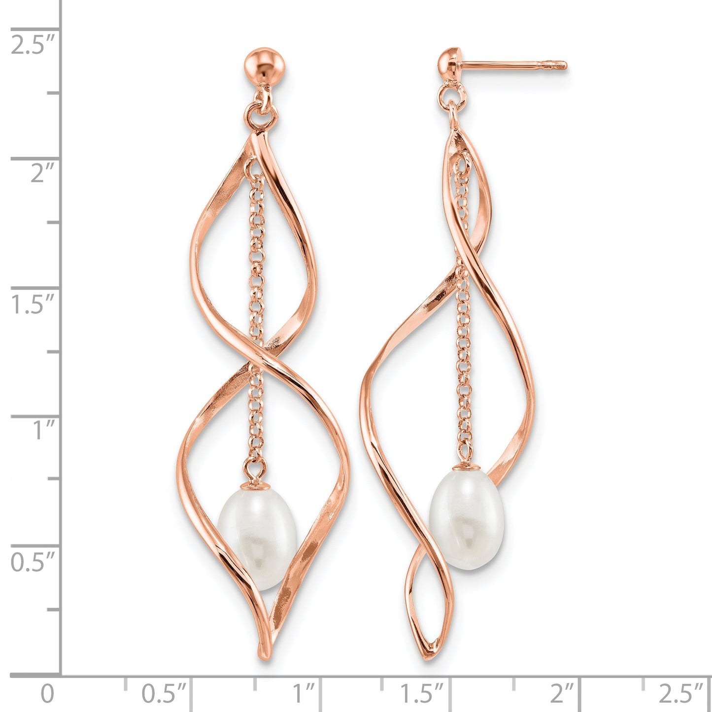 Sterling Silver Rose-tone 7-8mm White Rice Freshwater Cultured Pearl Post Dangle Earrings