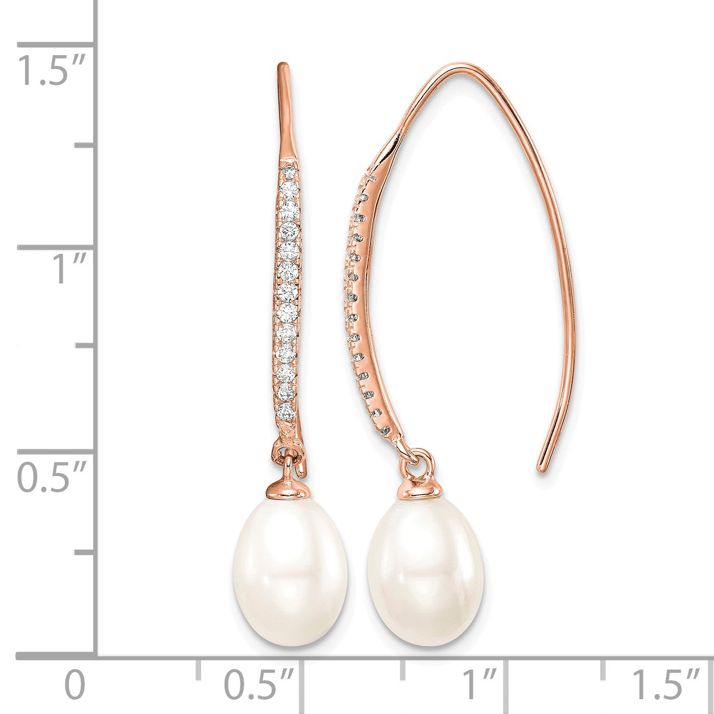 Sterling Silver Rose-tone 7-8mm White Teardrop Freshwater Cultured Pearl and CZ Threader Earrings