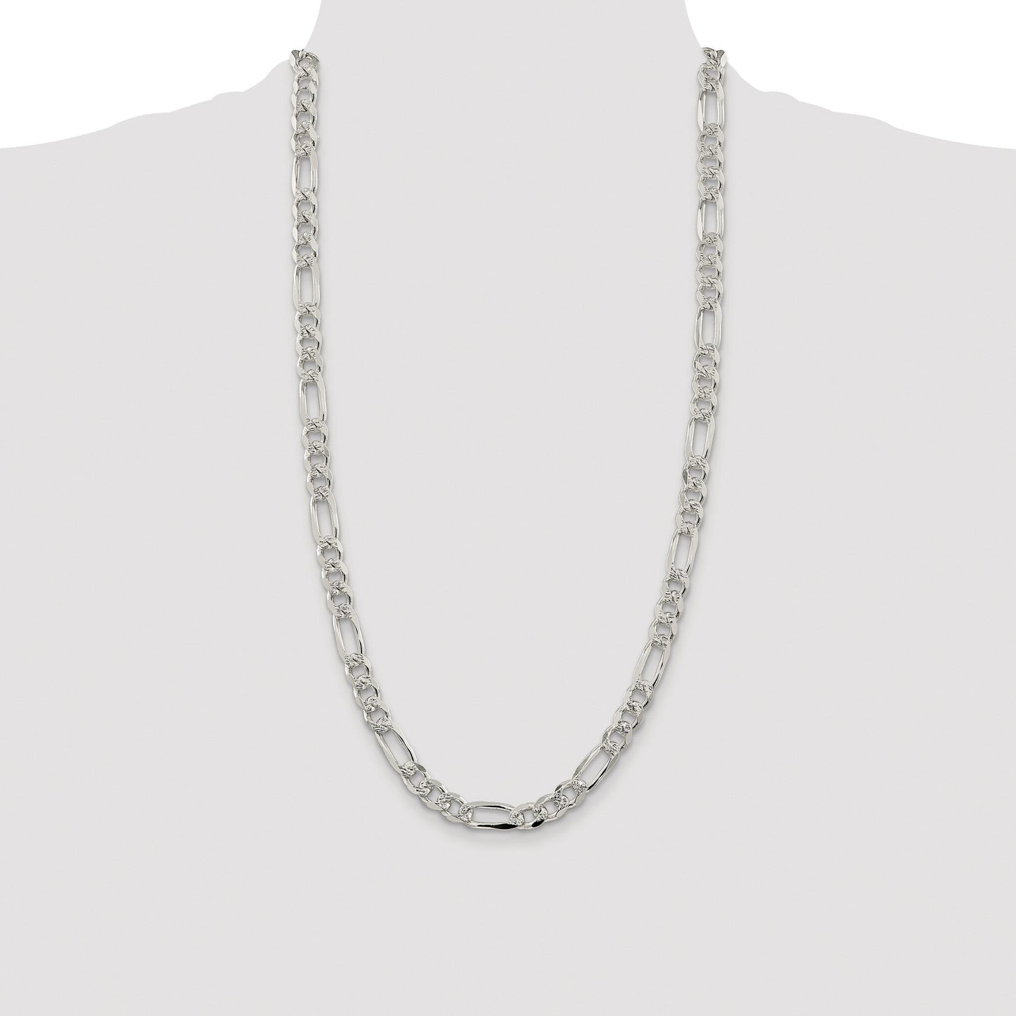Sterling Silver Rhodium-plated 8mm Pave Flat Figaro Chain