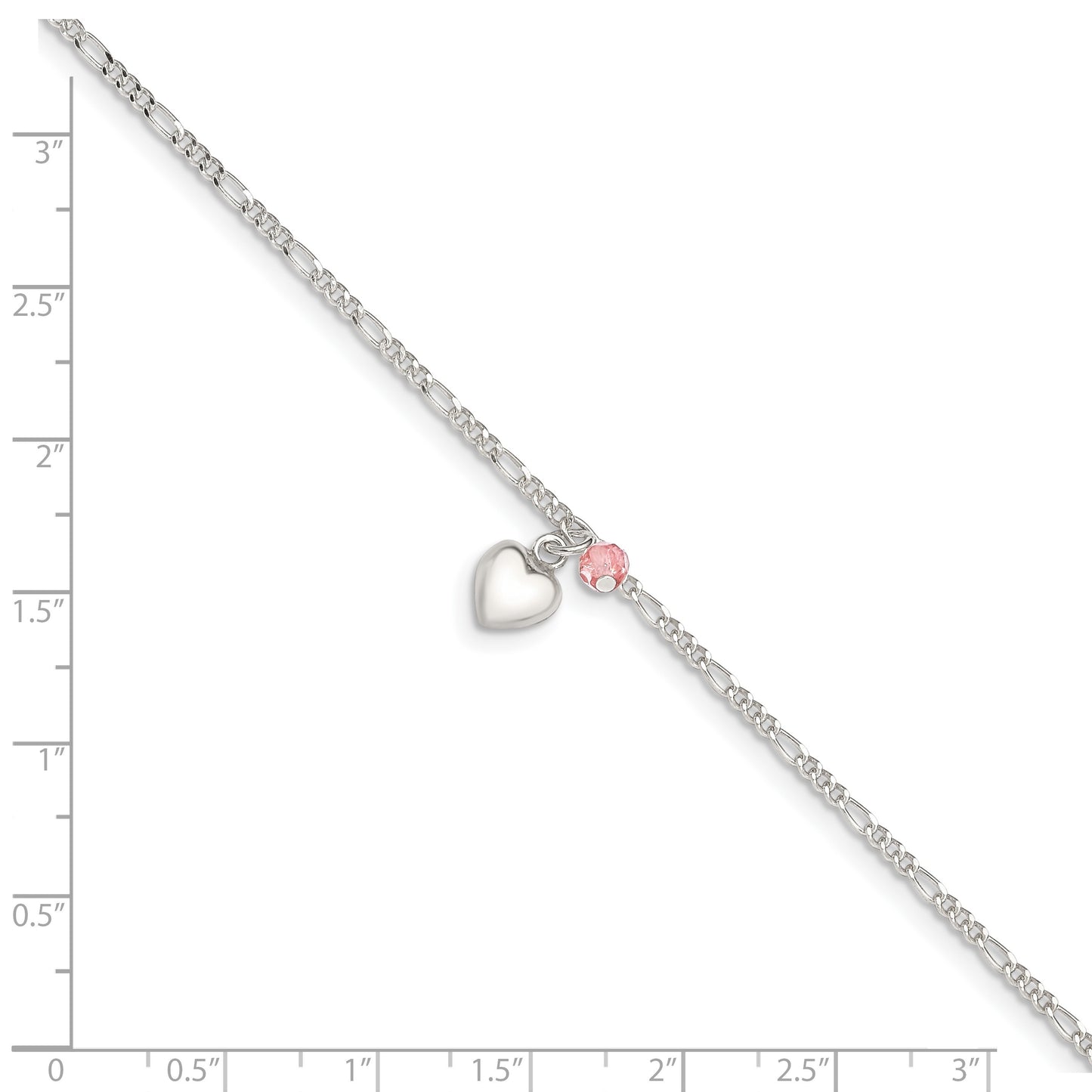 Sterling Silver Cherry Quartz Dangling Hearts on Figaro Link Anklet