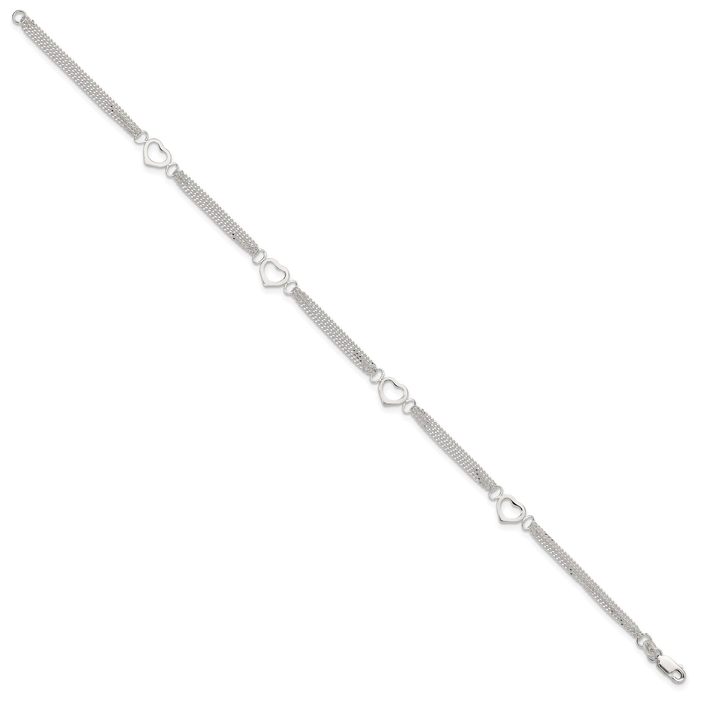 Sterling Silver Polished Heart Multi-Strand 9in Anklet