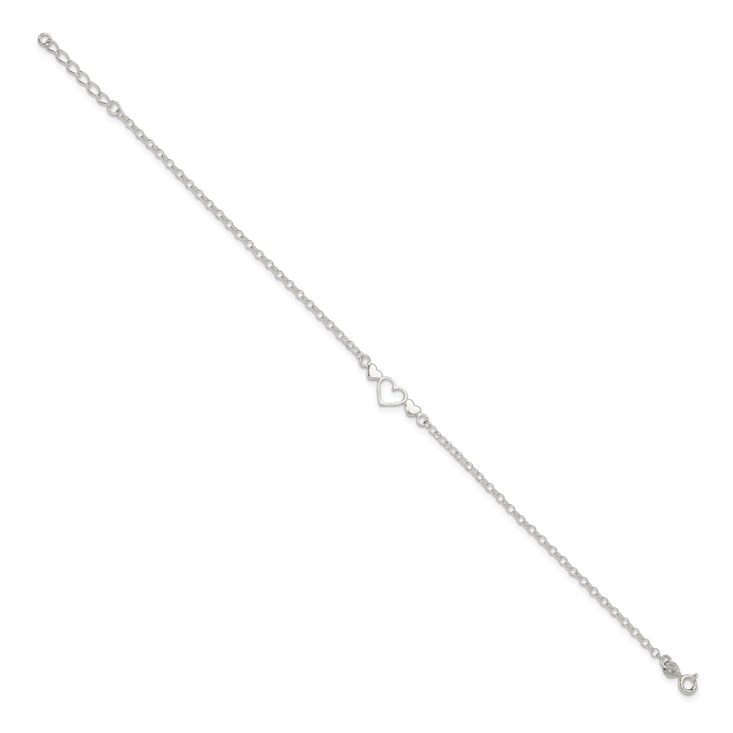 Sterling Silver Three Hearts 9 inch Plus 1 inch Extender - Total 10 inch Anklet