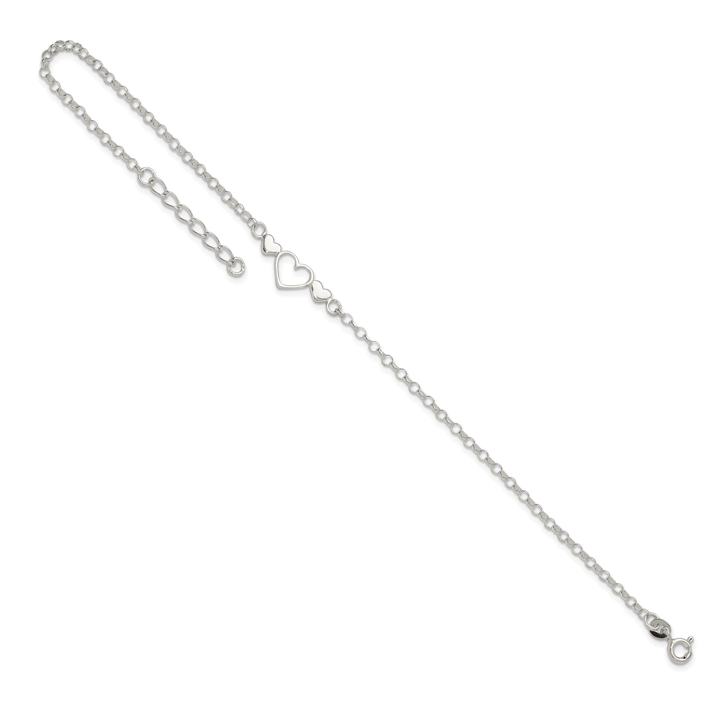 Sterling Silver Three Hearts 9 inch Plus 1 inch Extender - Total 10 inch Anklet