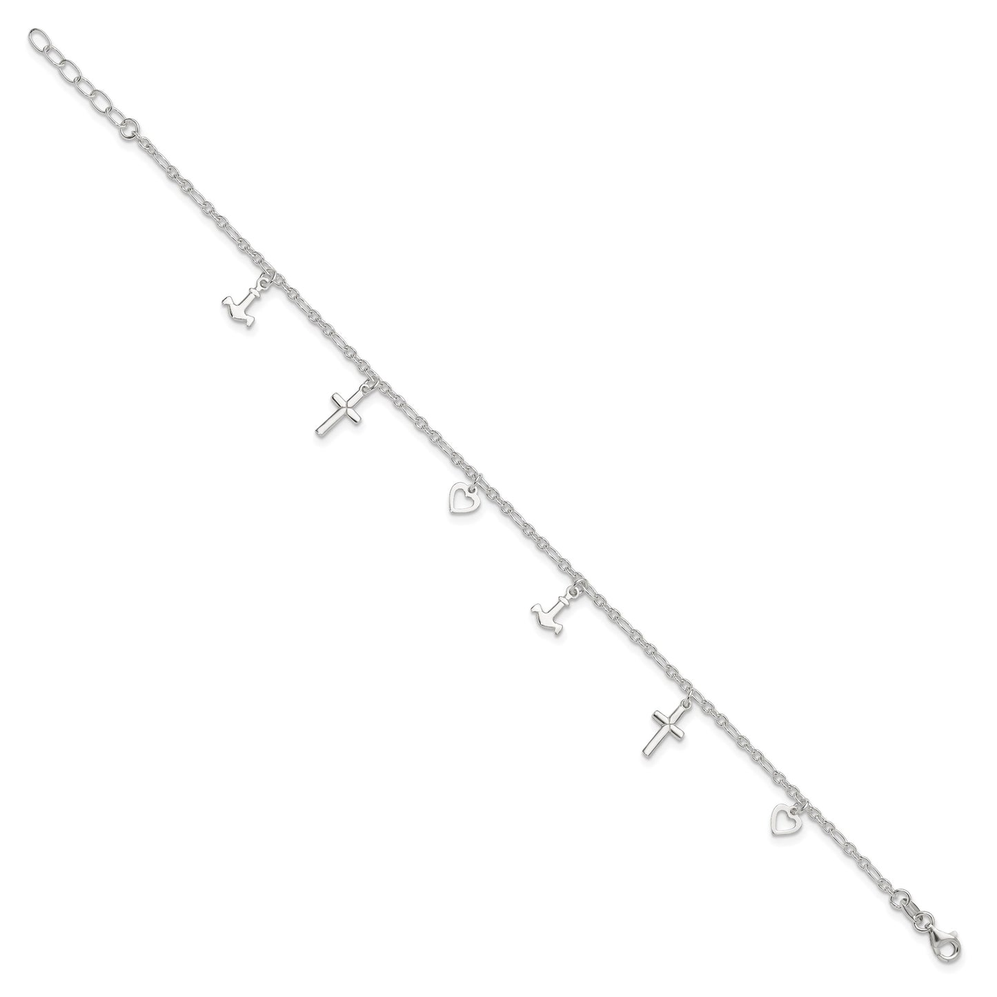 Sterling Silver Cross/Heart/Anchor 10 inch Plus 1 inch Extender - Total 11 inch Anklet