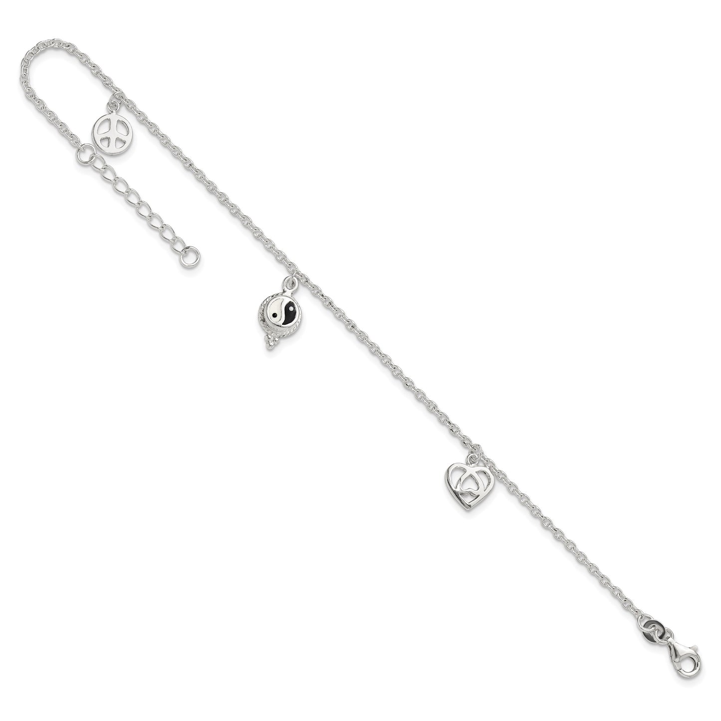 Sterling Silver Heart/YinYang/Peace Sign 8 inch Plus 1 inch Extender - Total 9 inch Anklet