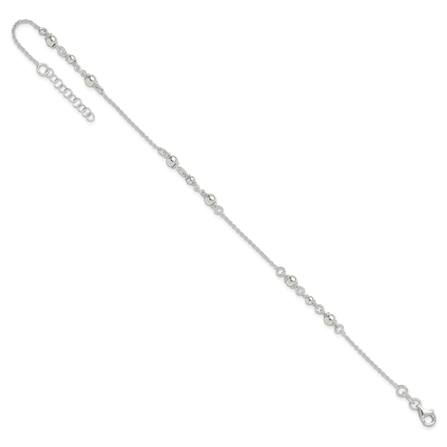 Sterling Silver Beaded 9 inch Plus 1 inch Extender - Total 10 inch Anklet