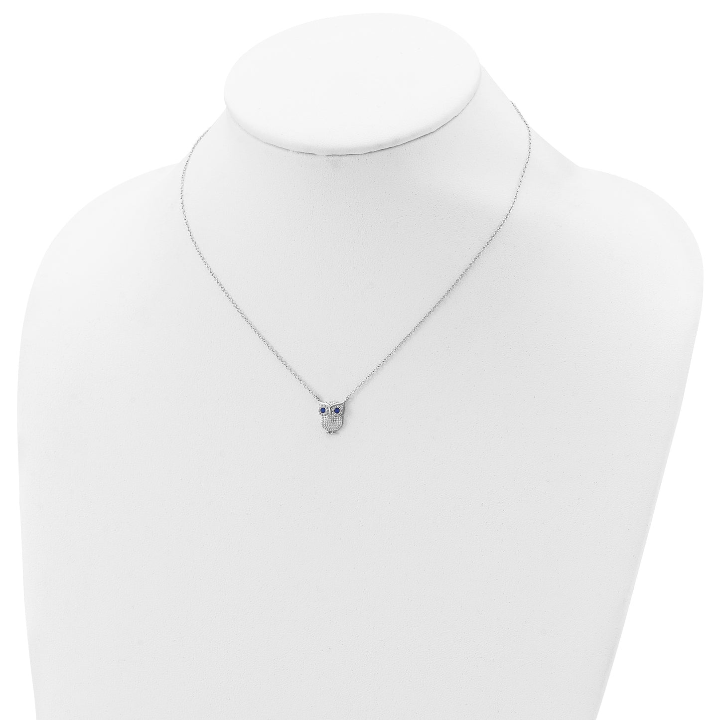 Sterling Silver RH-pltd Blue Glass Stone Owl 2in ext Necklace