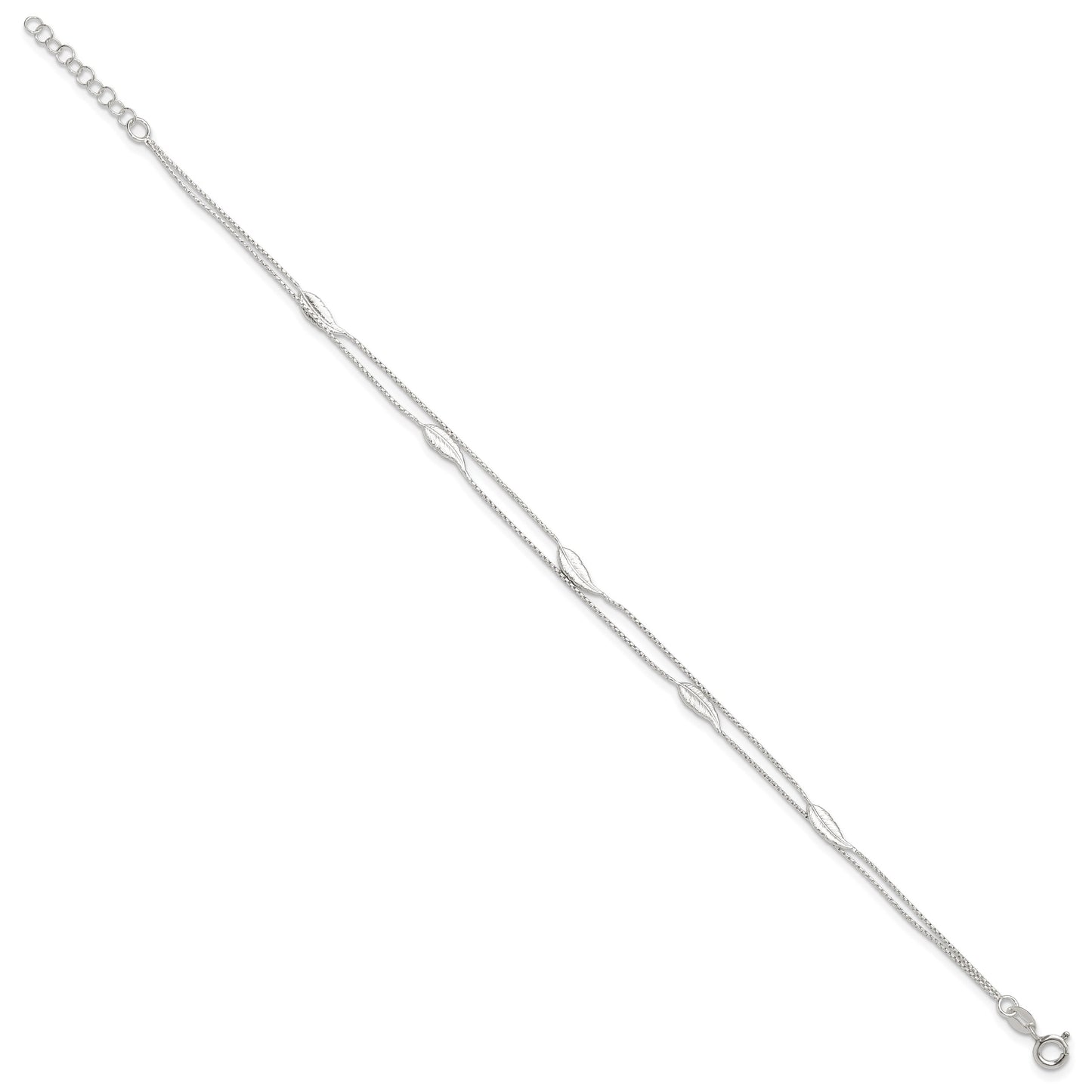 Sterling Silver 2-Strand Feathers 10 inch Plus 1 inch Extender - Total 11 inch Anklet