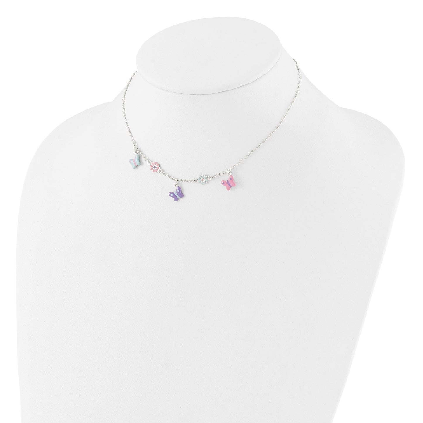 Sterling Silver Polished Enameled Floral & Butterfly Children's Necklace