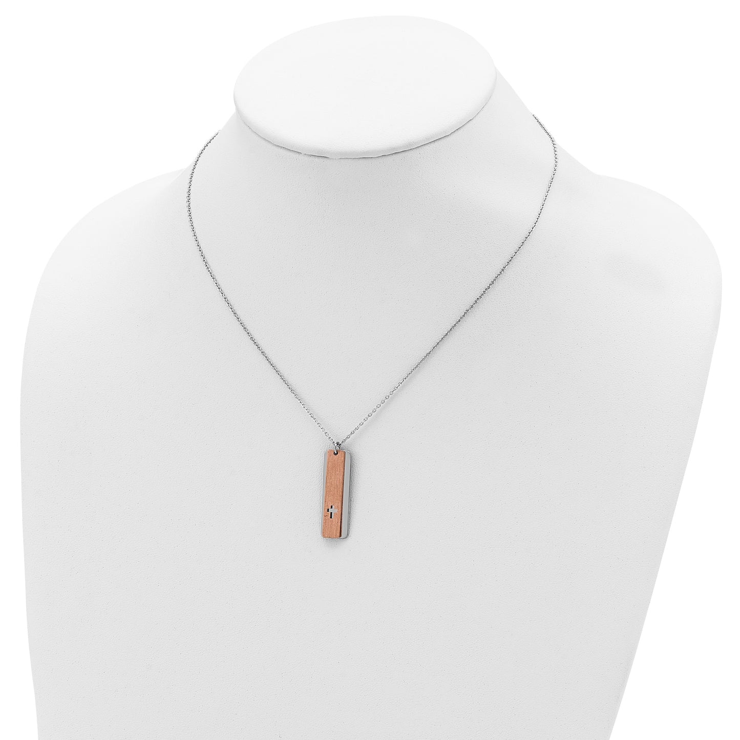 Sterling Silver RH-plated Dogtag w/Rose-tone Cross w/1.25in ext Necklace