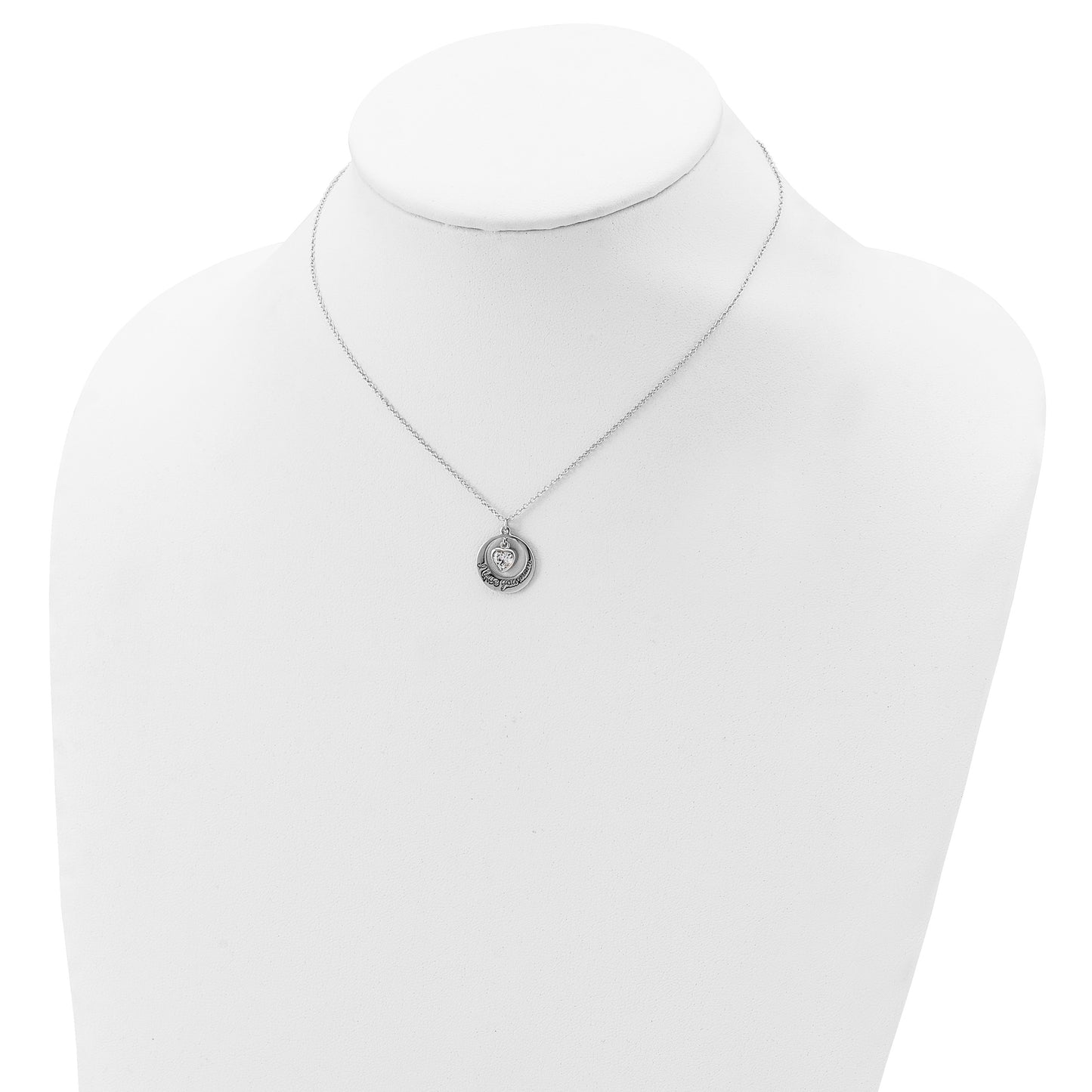 Sterling Silver Rhodium-plated I LOVE YOU MOM with CZ Heart Dangle 15 inch Necklace with 2 inch extension