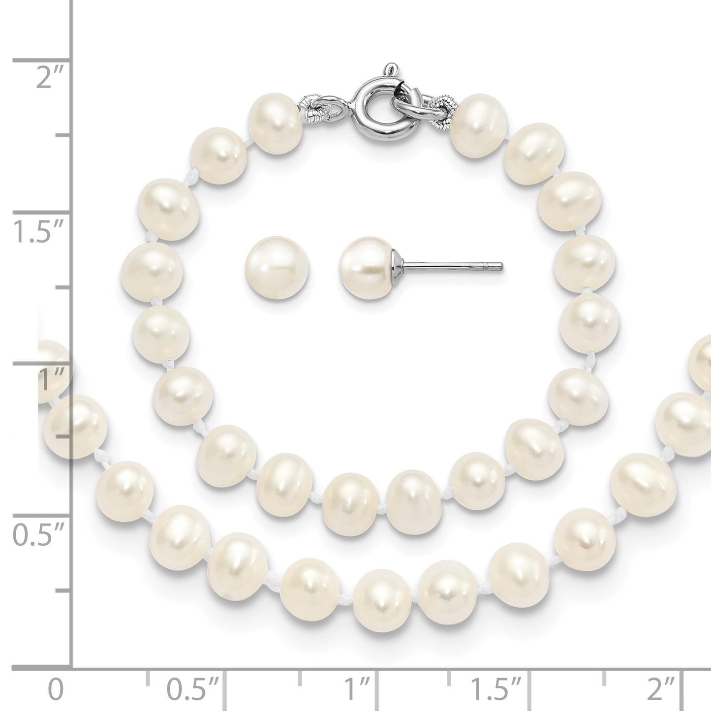 Sterling Silver Madi K Rhodium-plated 5-6mm White Semi-Round Freshwater Cultured Pearl 12 inch Necklace, 4 inch Bracelet & Post Earrings Set