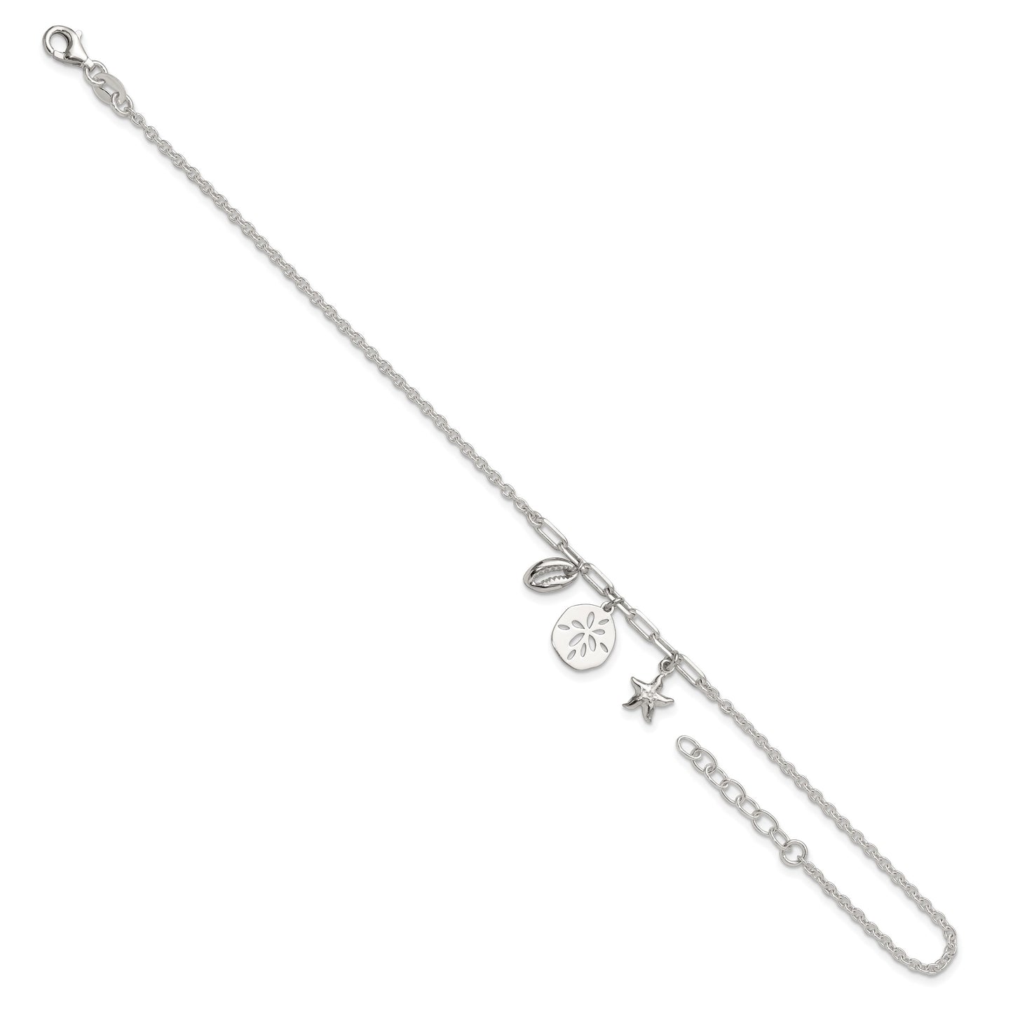Sterling Silver Shell/SandDollar/Starfish 9 inch Plus 1 inch Extender - Total 10 inch Anklet