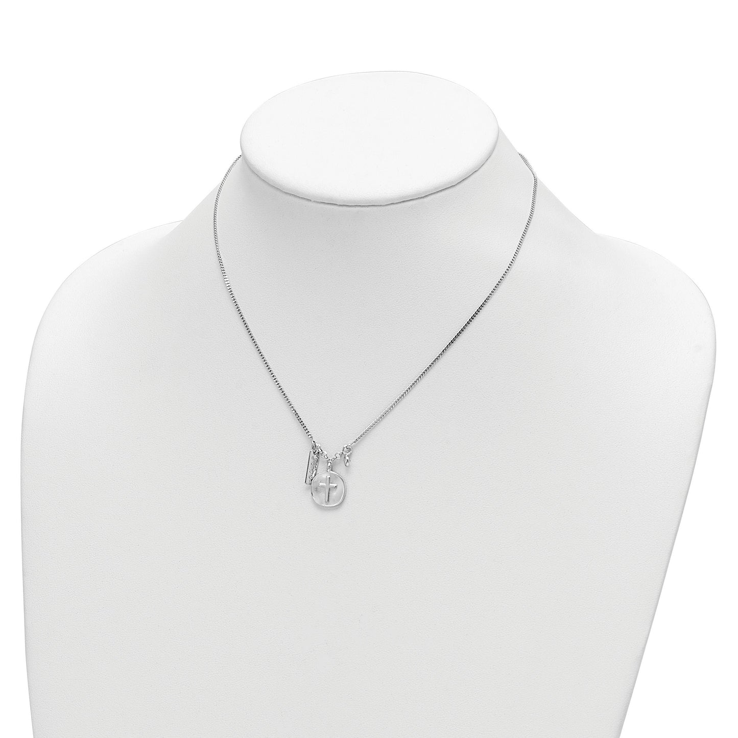 Sterling Silver Rhodium-plated Satin Cross/Hope/CZ w/1.5in Ext Necklace