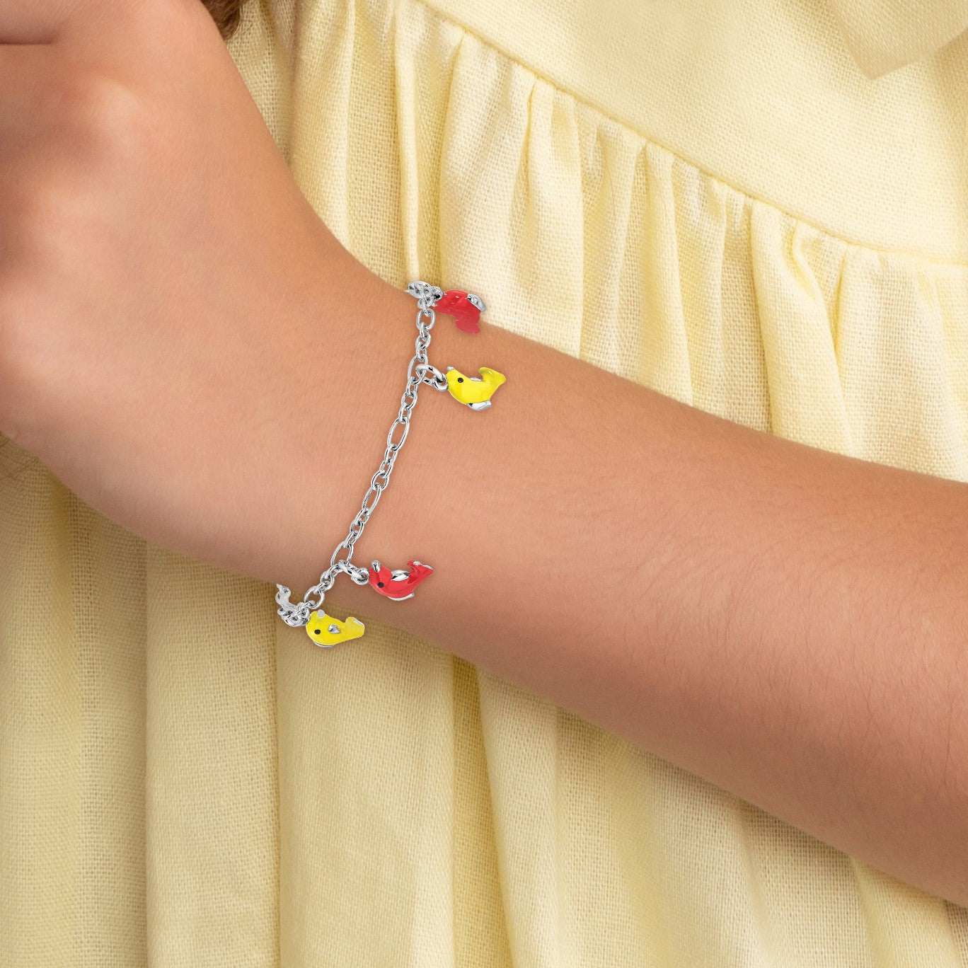 Sterling Silver Polished & Enameled Dolphins Children's 6in Bracelet