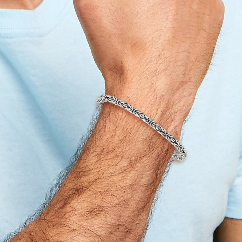 Sterling Silver Antiqued 4.0mm Byzantine 8 Inch Hook Clasp Mens Bracelet