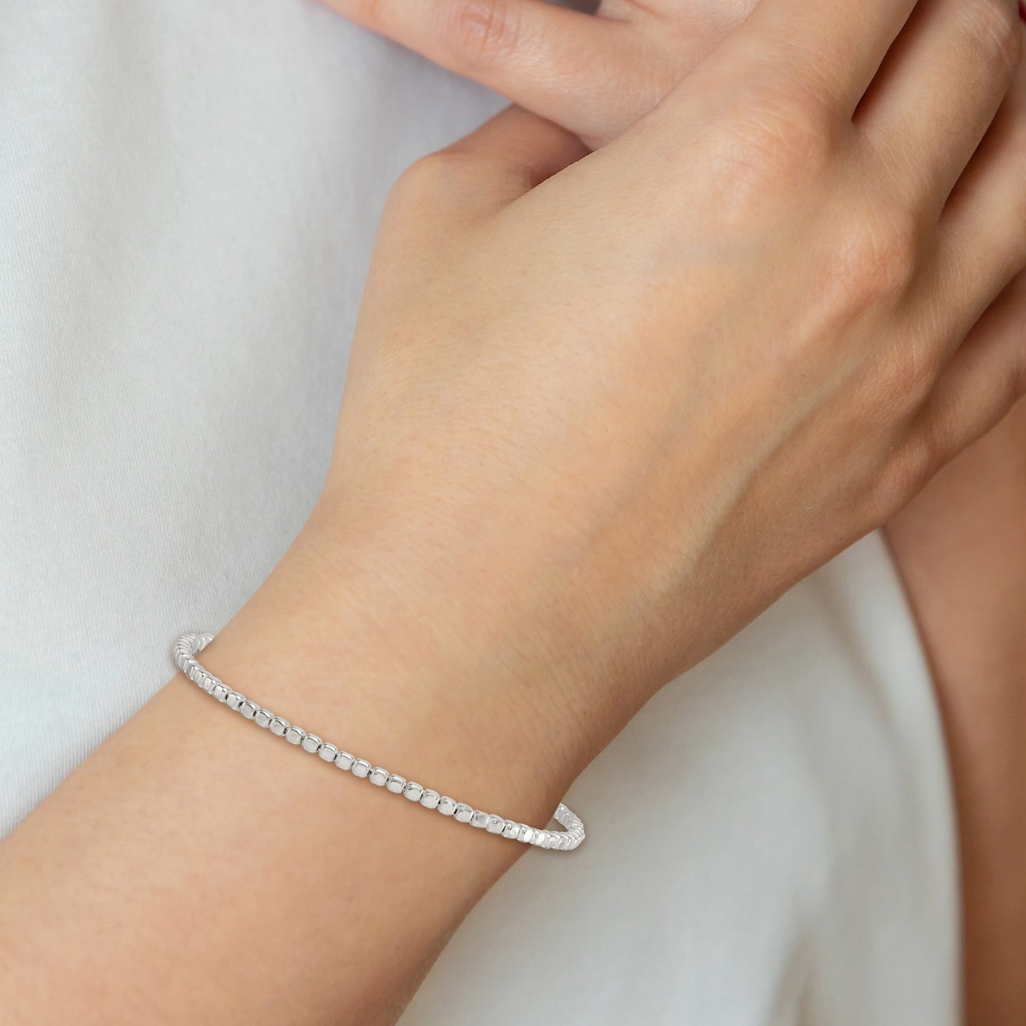 Sterling Silver Polished and Square Beaded 7 Inch with 1 Inch Extension Bracelet
