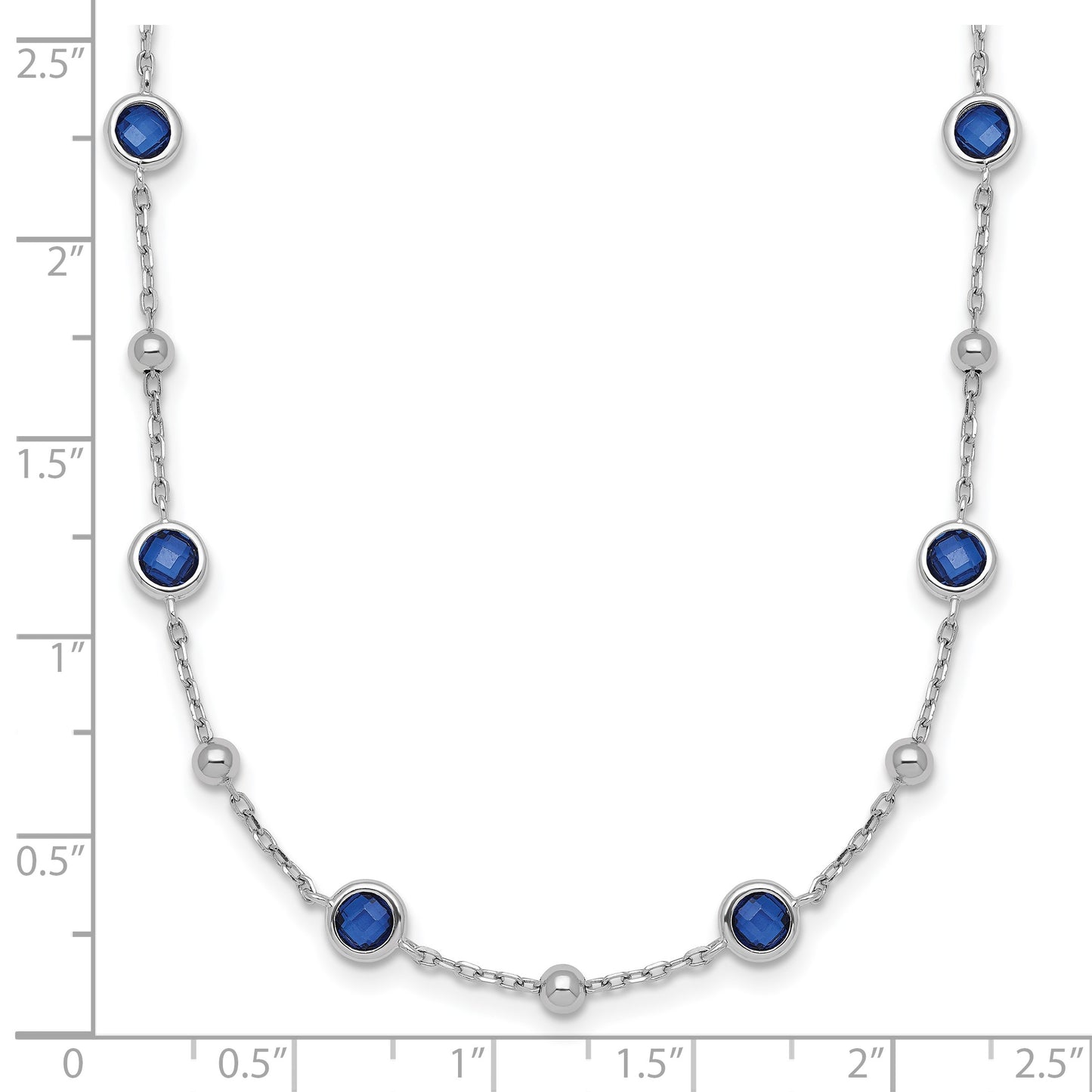 Sterling Silver Rhodium-plated Polished and Beaded Bezel-set Round Blue CZ 16 Inch with 2 Inch Extension Necklace