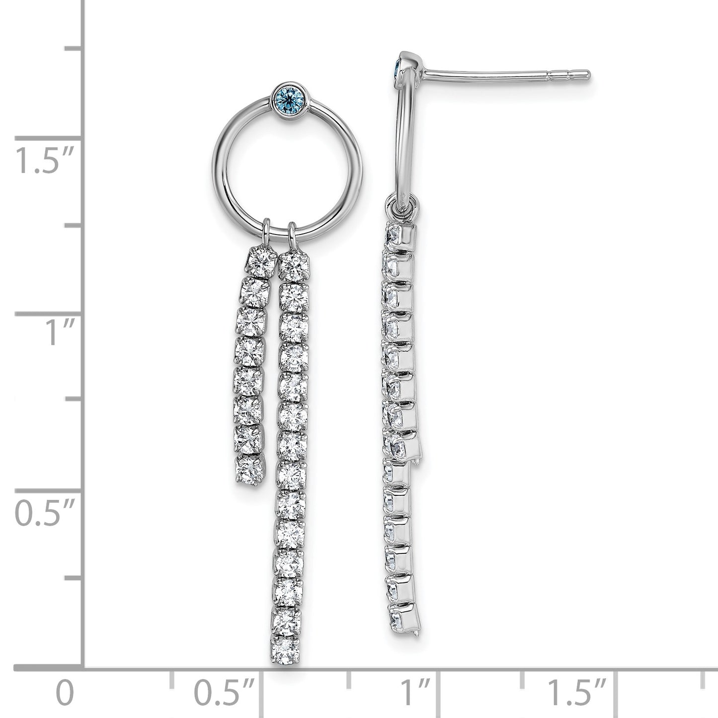 Sterling Silver Rhodium-plated Blue and White CZ Circle with 2 Drops Dangle Post Earrings