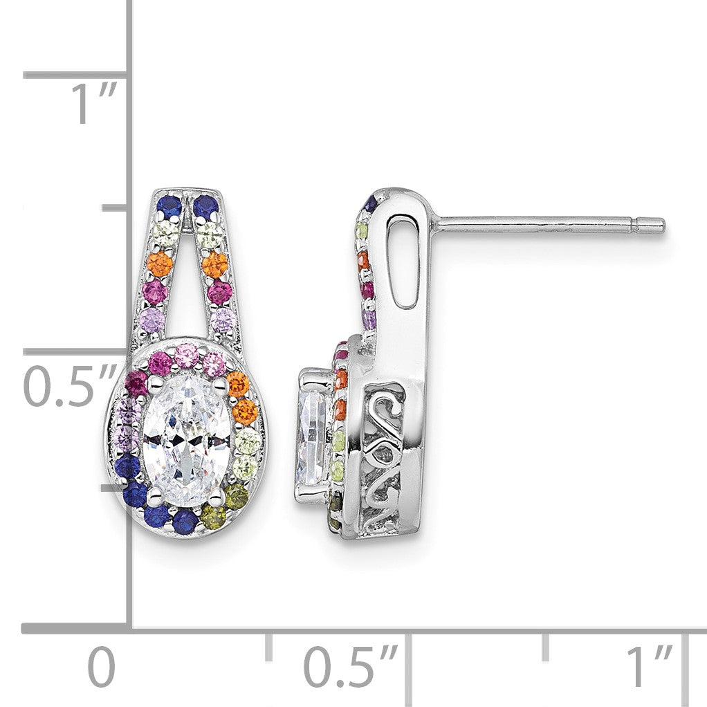 Sterling Silver Rhodium-plated Polished Multi-color Rainbow CZ Oval Halo Post Earrings