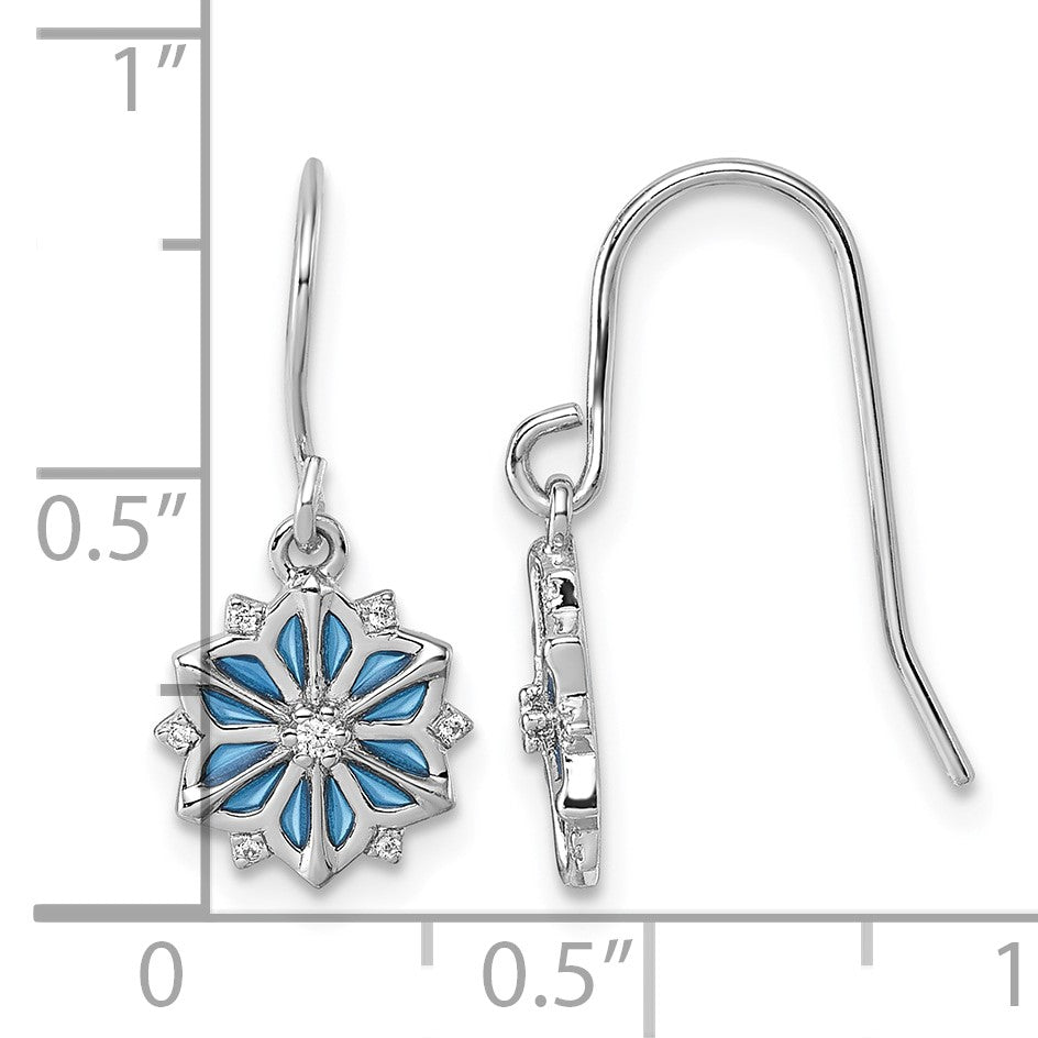 Sterling Silver Rhodium-plated Blue Enamel and White CZ Snowflake Dangle Earrings