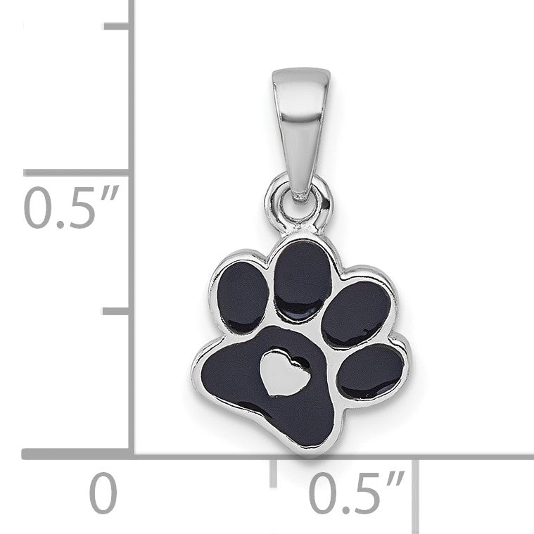 Sterling Silver Rhodium-plated Polished Black Enamel Paw Print with Heart Pendant